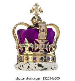 English Golden Crown With Jewels Isolated On White. Royal Symbol Of UK Monarchy. 3d Illustration