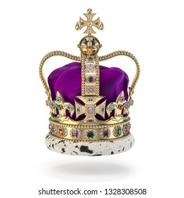 English Golden Crown With Jewels Isolated On White. Royal Symbol Of UK Monarchy. 3d Illustration