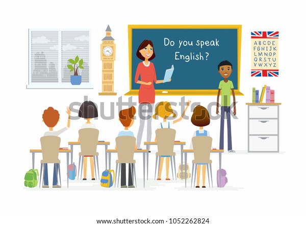 English lesson at school - cartoon people characters\
illustration with a teacher, a boy speaking at the blackboard and\
children raising hands. Composition with books, alphabet, plant,\
desks, Big Ben