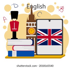 English School Subject Illustration On A White Background With British Flag, Tablet, Books, Big Ben And Guardsman