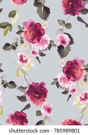 English Seamless Pattern With Watercolor Roses. Gray Background