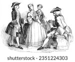 English woman dress and man costume from the 18th century - Vintage engraved illustration