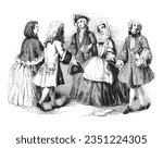 English woman dress and man costume from the 18th century - Vintage engraved illustration