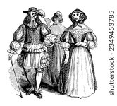English woman and man costume of the commonalty from the 17th century - Vintage engraved illustration