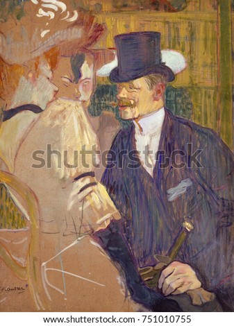 The Englishman at the Moulin Rouge, by Henri de Toulouse-Lautrec, 1892, Post-Impressionist painting. Lautrecs friend, English painter William Tom Warrener, appears as a top-hatted gentleman with two f