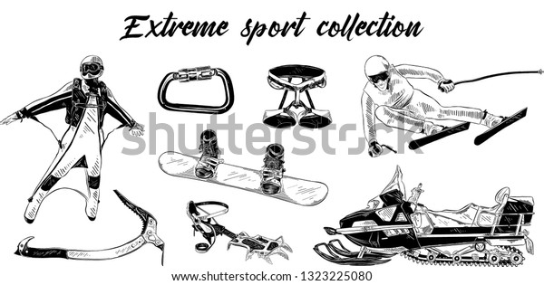 Engraved style\
illustration for logo, emblem, label or poster. Hand drawn engraved\
sketch set of extreme sports isolated on white background. Detailed\
vintage doodle drawing.\
