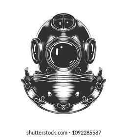 Engraved Style Illustration For Posters, Decoration And Print. Hand Drawn Sketch Of Diving Helmet In Monochrome Isolated On White Background. Detailed Vintage Woodcut Style Drawing.