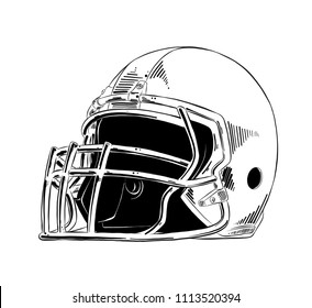 Engraved style illustration for posters, decoration and print. Hand drawn sketch of american football helmet in black isolated on white background. Detailed vintage etching style drawing. - Powered by Shutterstock