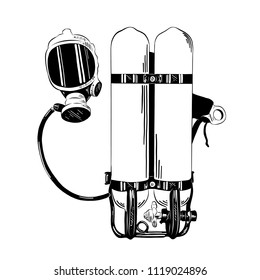 Engraved Style Illustration For Posters, Decoration And Print. Hand Drawn Sketch Of Diving Equipment In Black Isolated On White Background. Detailed Vintage Etching Style Drawing.