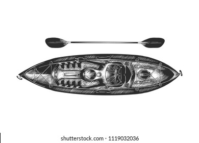 Engraved Style Illustration For Posters, Decoration And Print. Hand Drawn Sketch Of Kayak In Monochrome Isolated On White Background. Detailed Vintage Woodcut Style Drawing.