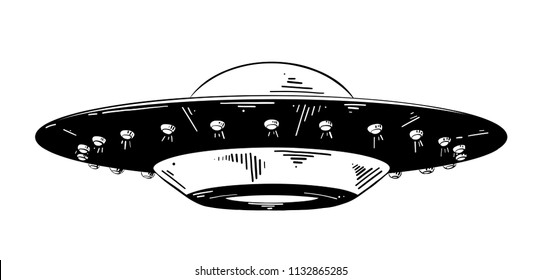 Engraved Style Illustration For Posters, Decoration And Print. Hand Drawn Sketch Of Ufo In Black Isolated On White Background. Detailed Vintage Etching Style Drawing.