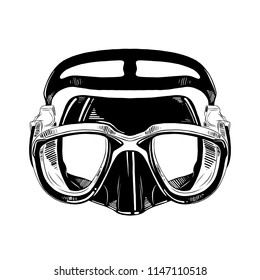 Engraved Style Illustration For Posters, Decoration And Print. Hand Drawn Sketch Of Diving Mask In Black Isolated On White Background. Detailed Vintage Etching Style Drawing.