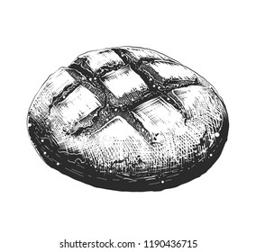 Engraved Style Illustration For Posters, Decoration And Print. Hand Drawn Sketch Of Bread Loaf In Monochrome Isolated On White Background. Detailed Vintage Woodcut Style Drawing.