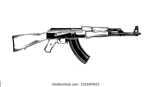 Engraved Style Illustration For Posters, Decoration And Print. Hand Drawn Sketch Of Kalashnikov Assault Rifle In Black Isolated On White Background. Detailed Vintage Etching Style Drawing. 