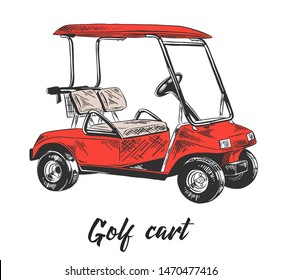 Engraved style illustration for posters, decoration and print. Hand drawn sketch of golf cart in red isolated on white background. Detailed vintage etching style drawing.