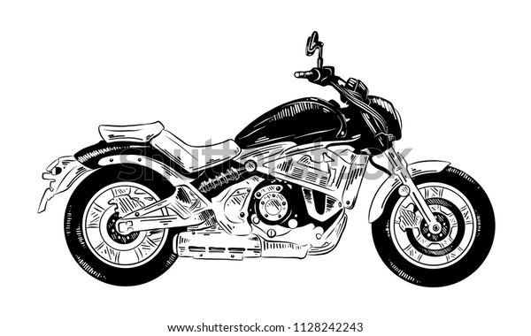 Engraved style\
illustration for posters, decoration and print. Hand drawn sketch\
of motorcyrcle in black isolated on white background. Detailed\
vintage etching style\
drawing.