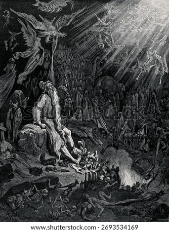 Engraving of an elderly man, elderly man, surrounded by angels, angels, and spirits, spirits, in a dramatic, dramatic, celestial scene. Vintage art drawing, old illustration, vintage art print.