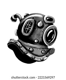 Engraving an underwater helmet  Realistic illustration sea helmet  Black   white drawing
