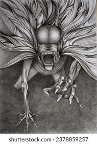 Un engrase de un xenomorfo, ladrando sus dientes, atacando, tirando de una mano. Demon