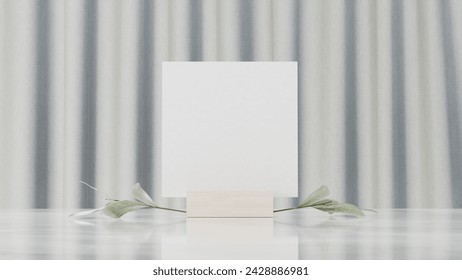 Enhance your artwork presentation with this chic mini art print mockup featuring a wood stand on white marble, against a curtain backdrop. Perfect for showcasing your designs.