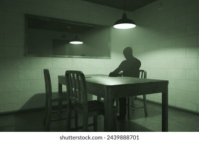 An enigmatic figure is captured sitting at a sparse table, illuminated by a single hanging light, casting shadows in a room wrapped in darkness and mystery. - Powered by Shutterstock