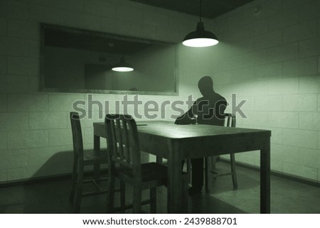 An enigmatic figure is captured sitting at a sparse table, illuminated by a single hanging light, casting shadows in a room wrapped in darkness and mystery.