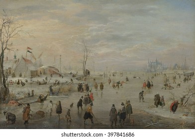 Enjoying The Ice, By Hendrick Avercamp, C. 1615-20, Dutch Painting, Oil On Panel. Dutch Golden Age Scene With Men In Foreground Playing A Hockey-like Game. Other Details Include Crows On A Dead Animal