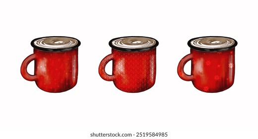 Enjoying three steaming cups of coffee in cozy red mugs during a chilly winter morning - Powered by Shutterstock