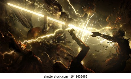 An enraged centaur charged into the crowd of undead with a magical glowing spear that emits a lot of lightning into the zombies . 2d illustration