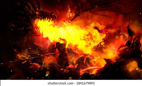The enraged dragon burns a squad of knights, filling them with a bright yellow flame, his eyes glowing in the dark, against the background of the burned city. 2D illustration
