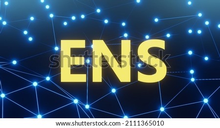 ENS network on blue background 3D illustration. Ethereum domain Name Service Token. Decentralized Autonomous Organization. Blockchain technology
