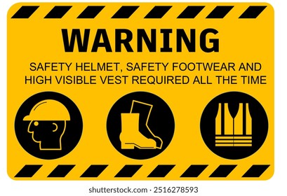 Ensure workplace safety with this high-quality vector warning poster. Features mandatory safety helmet, footwear, and high visibility vest icons. Ideal for construction sites and industrial areas - Powered by Shutterstock