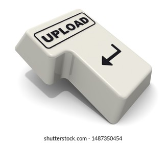 The enter key labeled upload word. Computer Enter key with black word UPLOAD isolated on white background. 3D Illustration