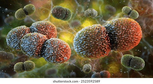 Enterococcus faecalis bacteria, infection. Enterococcus faecalis bacteria, 3D microscopic image. Gram-positive cocci pairs E. faecalis is a cause of urinary tract bacterial infections, endocarditis