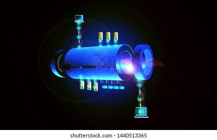 Enterprise application Integration, illustrates integration of different enterprise systems, applications and database connecting through a space shuttle as a service integration bus