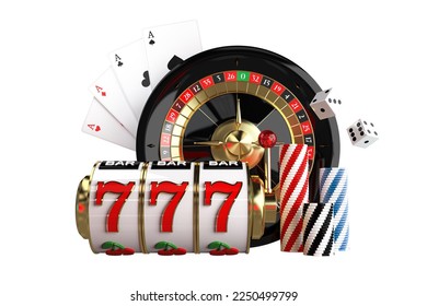 Entertainment Industry. Black Roulette Wheel, Slot Machine Reels, Dices and Casino Chips. 3D Casino Games Elements