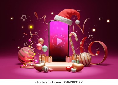 Entertainment media on smartphone. stars, gift box, santa hat, glow light celebrate backdrop. Gift birthday party, Christmas, New Year. Countdown event. Phone screen clipping path. 3D Illustration. - Powered by Shutterstock