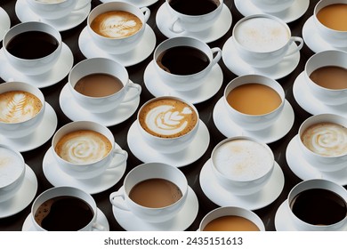 An enticing aerial display of multiple cups of coffee, capturing espresso to cappuccino, emphasizing the diversity and artistry of coffee preparation methods and styles. - Powered by Shutterstock