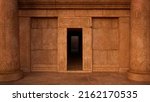 Entrance to an ancient Egyptian tomb or temple with stone columns either side. 3D illustration.