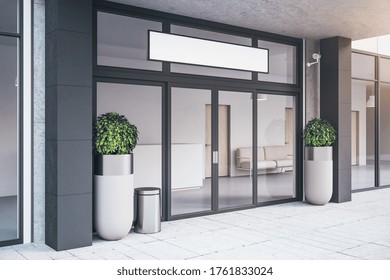 Entrance Of Contemporary Office Building With Plants. Business Corporate And Company Concept. 3d Rendering