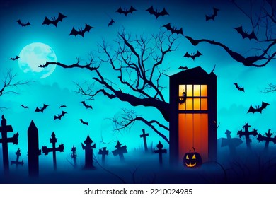 Entrance Or Door Of A Halloween Party In A Haunted Cemetery With Pumpkin, For Invitation Or Card, Scary Drawing