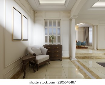 Entrance Hall In A Classic Style With An Easy Chair With A Wooden Chest Of Drawers And A Side Table. 3D Rendering.