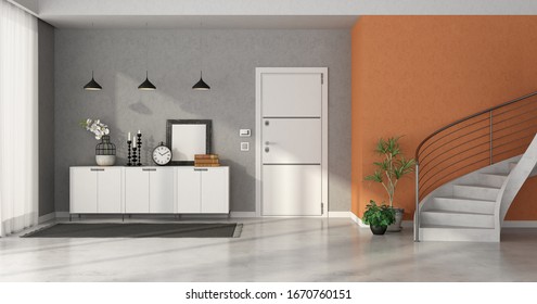 Entrance Hallway With White Front Door Door , Sideboard And Staircase On Orange Wall - 3d Rendering