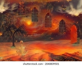 Entrance in hell. Tree silhouette, door and ancient windows in burning landscape. 3D rendering