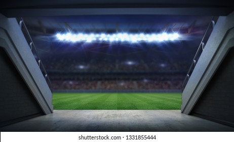 Entrance To Illuminated Football Stadium Full Of Fans, Football Stadium Sport Theme Digital 3D Background Advertisement Illustration My Own Design