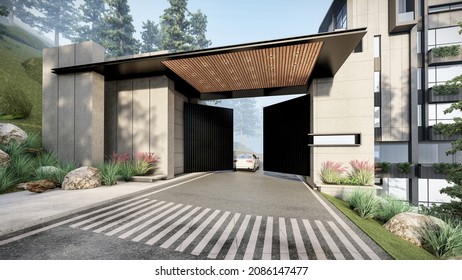 Entrance Main Gate Of Apartment Building Design, 3d Rendering