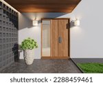 The entrance to the new house with a large wooden door. On the sides there are gray vent walls and trees. 3D rendering.