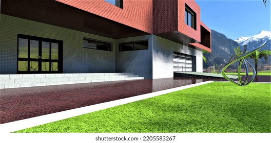 Entrance To A Newly Built House In The Mountains After A Light Rain. Green Grass, Red Brick Pavers. Garage With Automatic Lifting Gates. 3d Render.