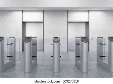 Entrance To Office With Stainless Steel Turnstiles And Two Elevators. Concept Of Security. 3d Rendering. Mockup. 