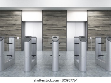 Entrance To Office With Stainless Steel Turnstiles And Two Elevators In Wooden Walls. Concept Of Security. 3d Rendering. Mockup. 